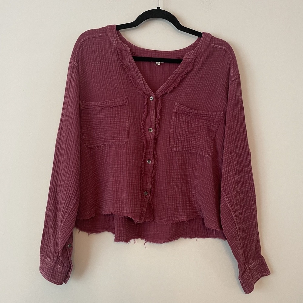Easel 100% Cotton Gauzy Boxy Button Up Top Size S Raw Hem Boho Western Oversized